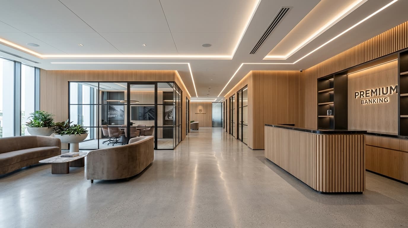 Interior Kantor Korporat Modern Berstandar Akustik Tinggi dan Raised Floor